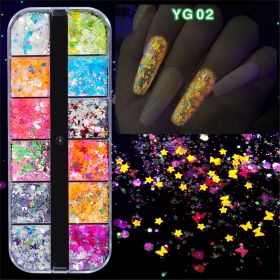 1Box New manicure night light sequins butterfly love pentagram sequins long strip 12 grid boxed ultra-thin luminous sequins mixed nail accessories (design: YG02)