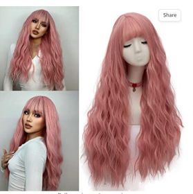 Women's Pink Wig Long Fluffy Curly Wavy Hair Wigs for Girl Heat Friendly Synthetic Cosplay Party Wigs (Color: Pink)